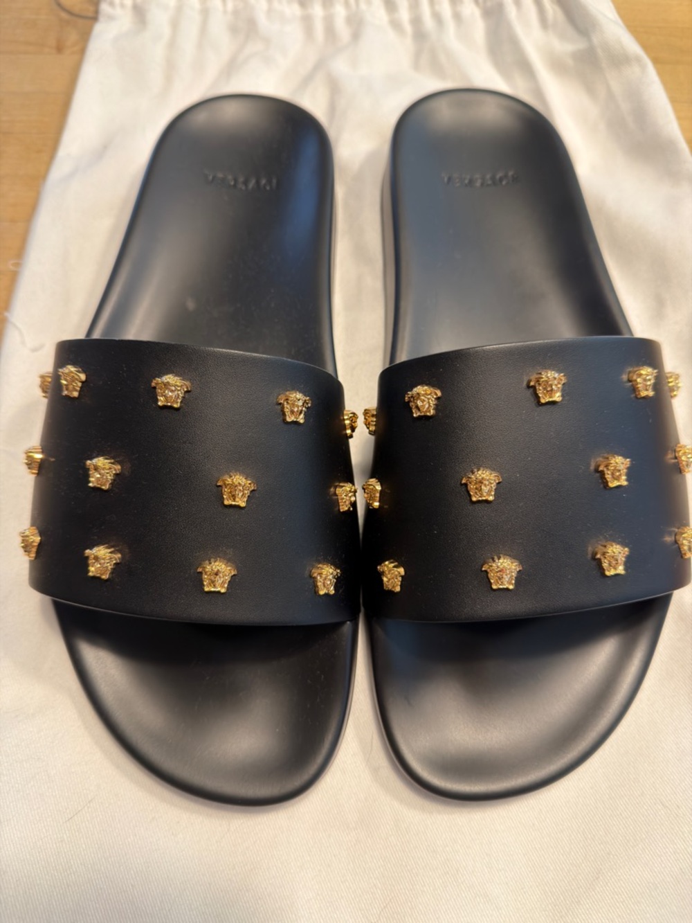 Authentic Versace Black Slide Sandals with Gold Medusa Stud Accents